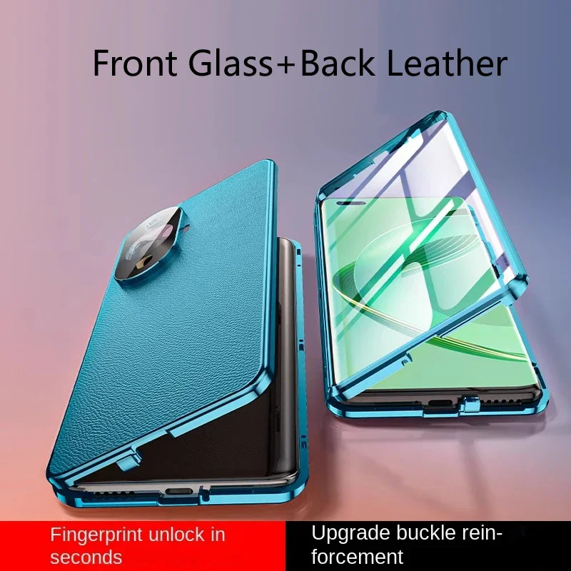 

Leather Back Metal Phone Case Snap Lock for Huawei Nova Y63 Y70 Plus Y71 Y72S Y73 Y91 Tempered Glass 360° Lens Protection Cover