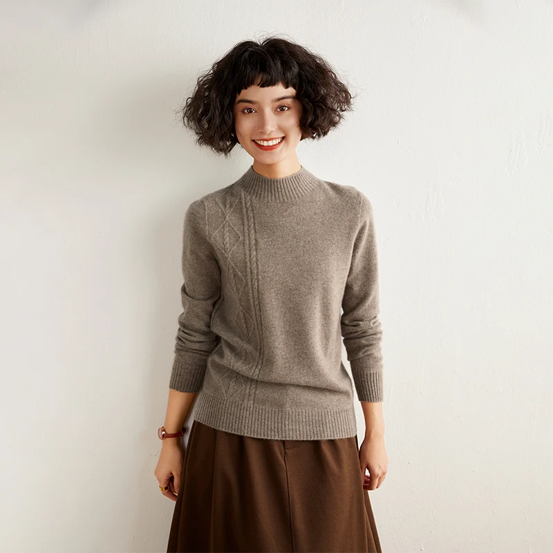 First line ready to wear 100% cashmere half height pullover sweater with twisted flower base knit sweater and inner top