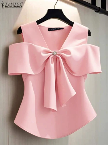 ZANZEA-Blusa con pajarita para mujer, camisa de trabajo OL elegante y lisa, Tops informales sin mangas con cuello de pico para vacaciones, Blusas elegantes para fiesta 2025