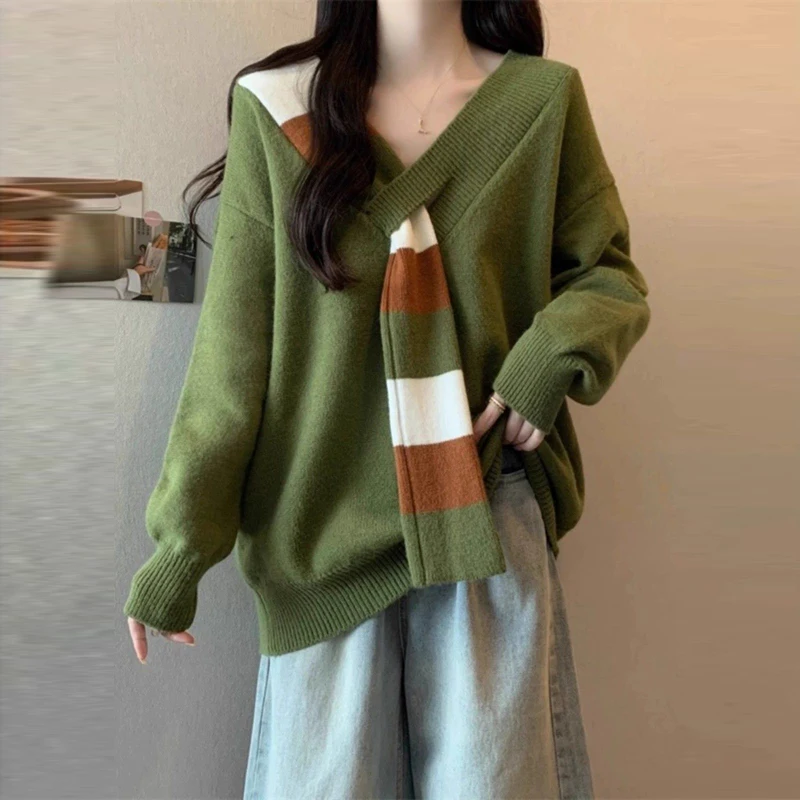 Autumn Winter Women's Korean Chic Striped Scarf Design Knitted Sweater Y2K V Neck Long Sleeve Loose Pullover Tops Thick Jumpers