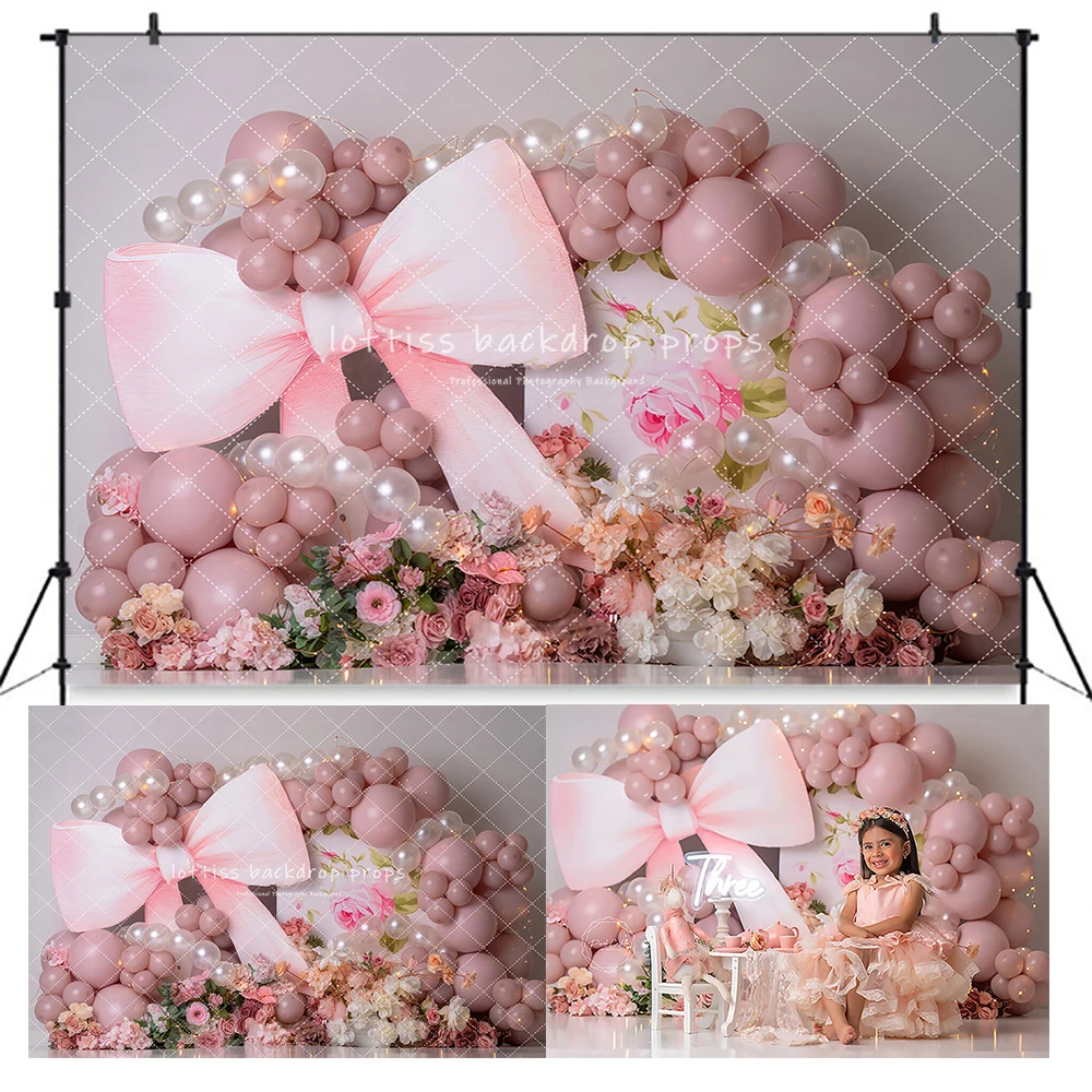 Pink Pearls Balloons Backdrops Kids Child Birthday Cake Smash Baby Photography Bow Decors Backgrounds