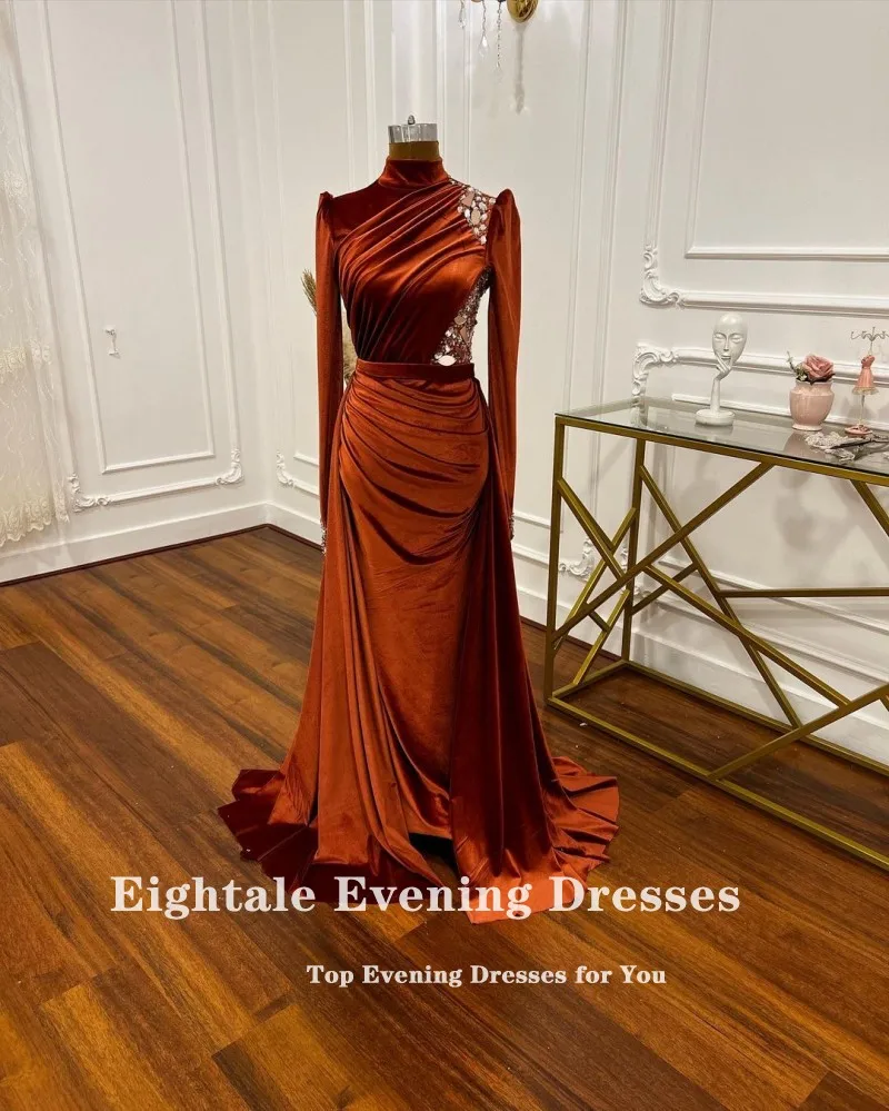 Eightale Muslim Arabic Evening Dresses High Neck Burnt Orange Beaded Long Sleeves Customized Mermaid Prom Party Gowns Velvet