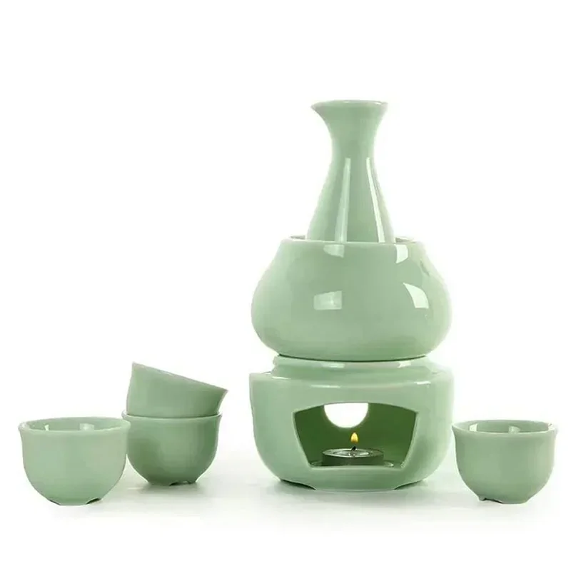 Ceramic Sake Set With 1Pcs Warmer Sake Bottle Candle Heating Stove Warmer Cup And 4pc Sake Cups