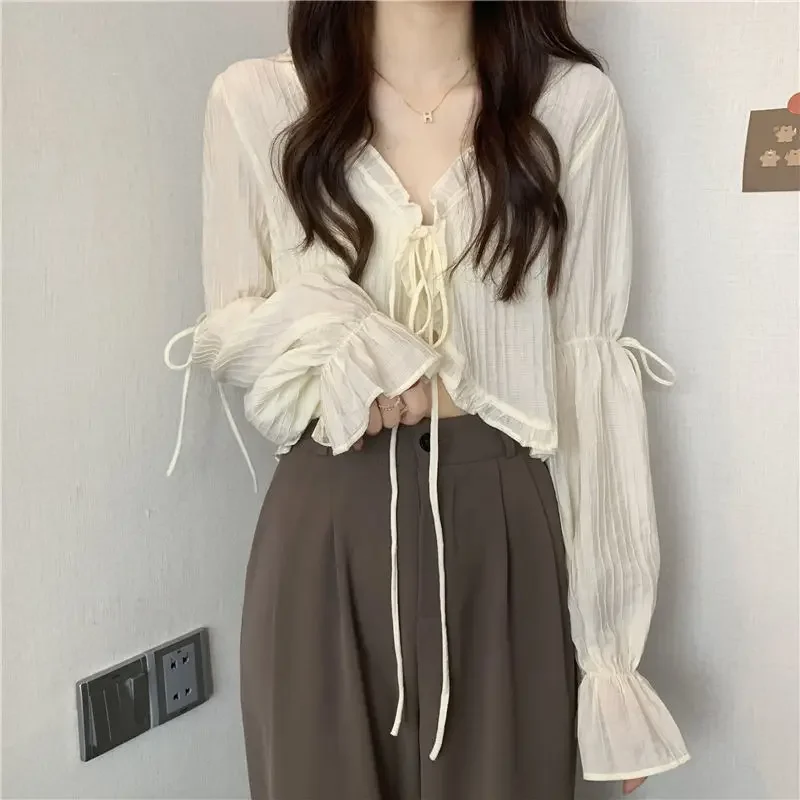 Süße Rüsche Spitze Up Cardigan Frauen Sommer Lange Hülse Sonnencreme Jacke Frau Candy-farbe Chiffon Crop Tops