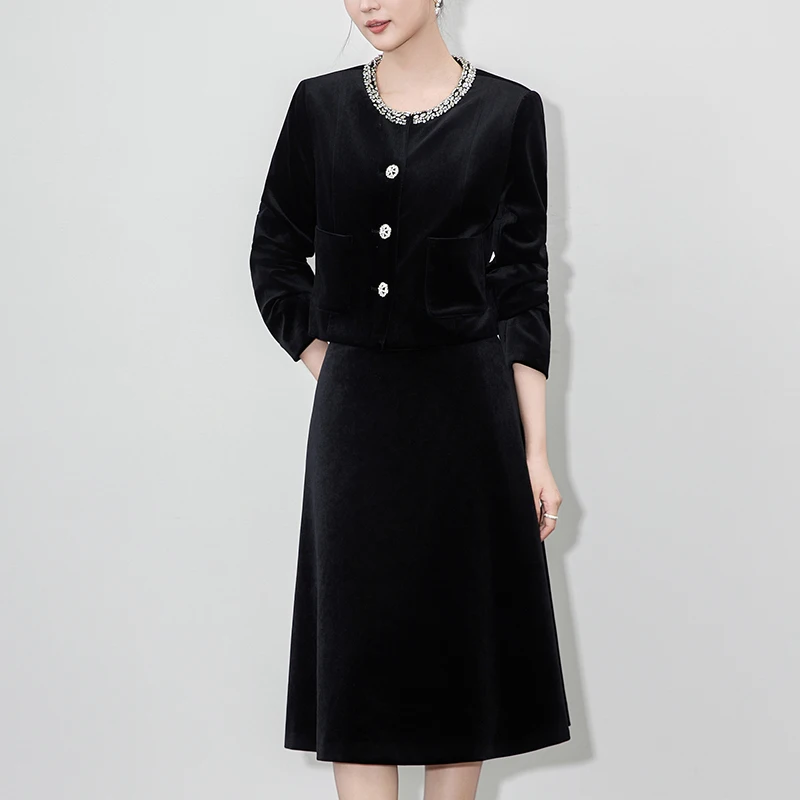 French Style Velvet 2 Pieces Skirts Set for Woman Autumn Winter Diamonds Jacket Coat and Long Skirt Vintage Woman Two Piece Sets