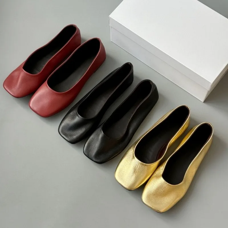 Fashion Classic Soft Genuine Leather Flats Shoes Elegant Basic Square Toe Flats Platforms Spring Summer Office Shoes