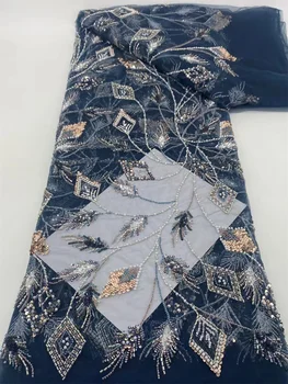 2024 mais recente elegante melhor qualidade azul marinho luxuoso frisado tubo sequência tecido de renda 2024 para mulher festa vestidos de noite Q53-1