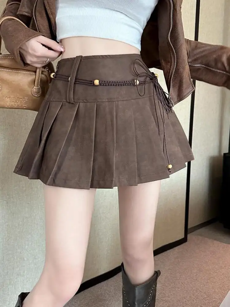 Femmes coréennes marron gris Sexy taille haute en cuir Pu jupe courte automne hiver rose élégant Style Preppy plissé Mini jupe à la mode
