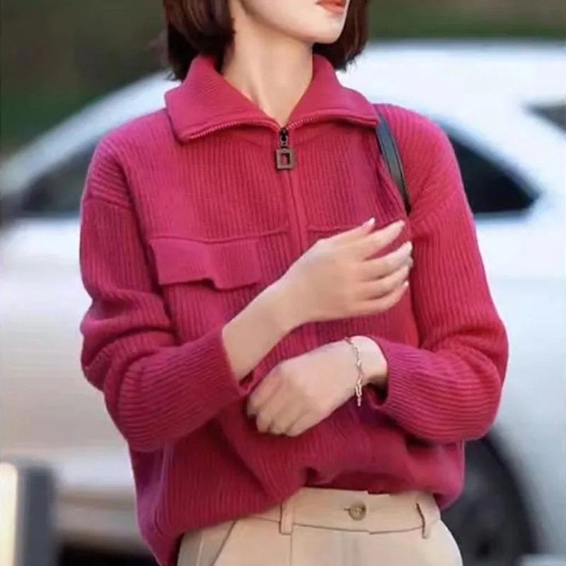 Maglione allentato con collo a Polo rosso rosa per donna autunno inverno 2024 nuovo Cardigan stile coreano maglioni stile pigro giacca in maglia con