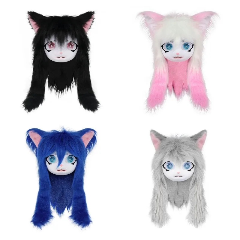 Najnowszy Fursuit Kigurumi Zwierzęca Maska na Głowę Cosplay Zwierzę Kot Anime Lolita Kig Zwierzęca Głowa na Halloween Party Kostium Rekwizyt Prezent
