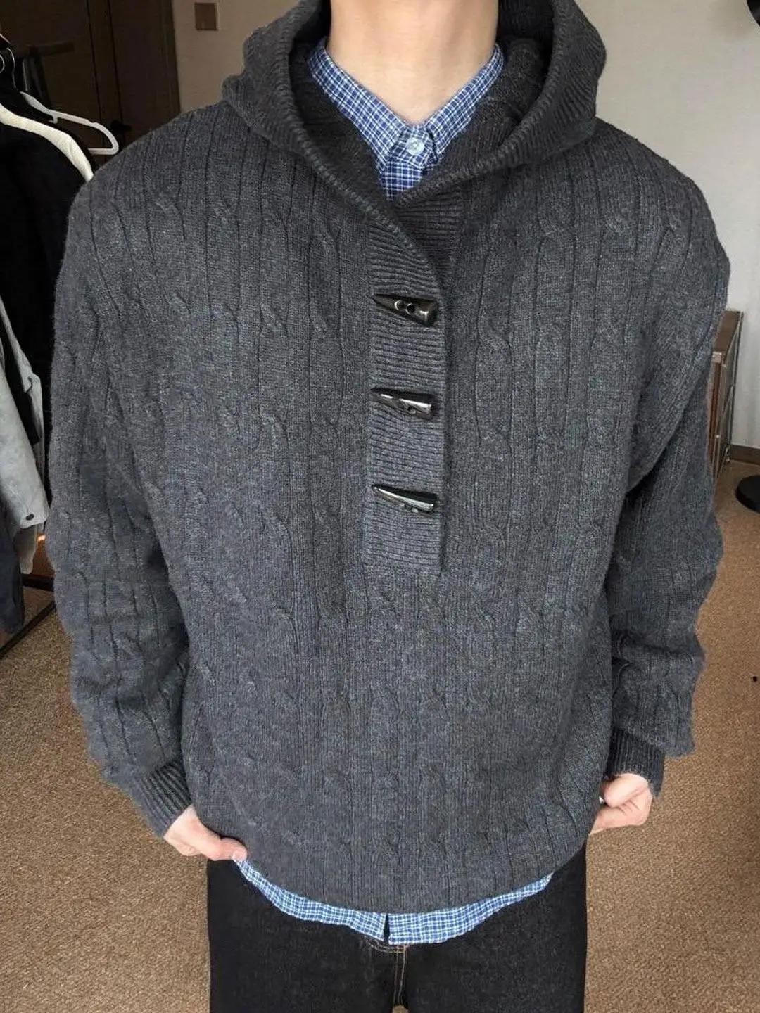 

Осенне-зимний новый корейский вязаный свитер унисекс с капюшоном, с узором «косы», премиум-класса, для пар