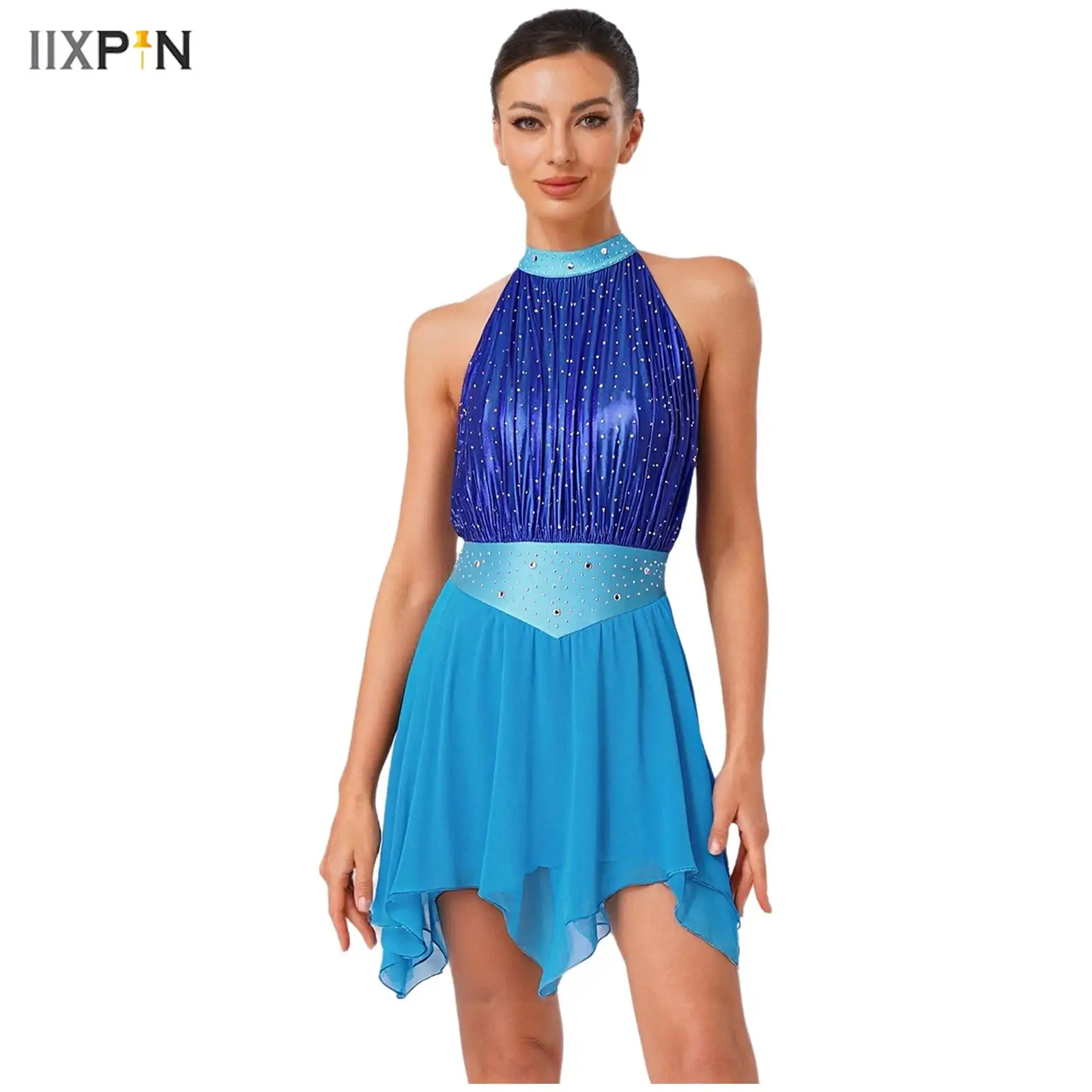 

Womens Lyrical Dance Dress Ruched Metallic Mesh Rhinestone Irregular Hem Sleeveless Backless Leotard Dress for Modern Dance