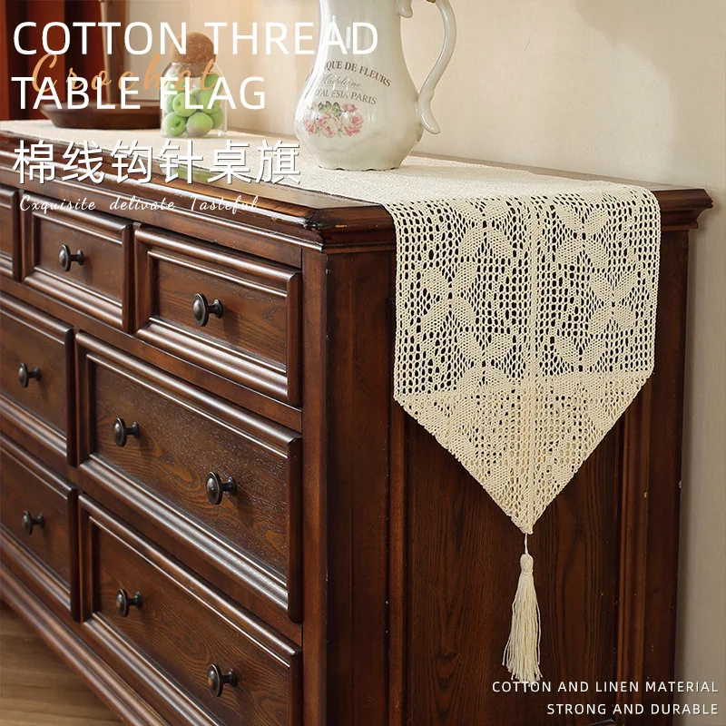 

French Table Flag Coffee Table TV Cabinet Decoration Cover Cloth Long Strip Tablecloth Hollow Hook Woven Table Flag