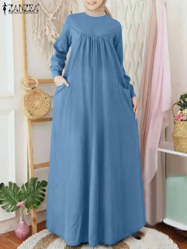 

ZANZEA Vintage Women Denim Blue Dresses Autumn Fashion Long Sleeve Solid Muslim Abaya Sundress Robe Femme Casual Islamic Cloth