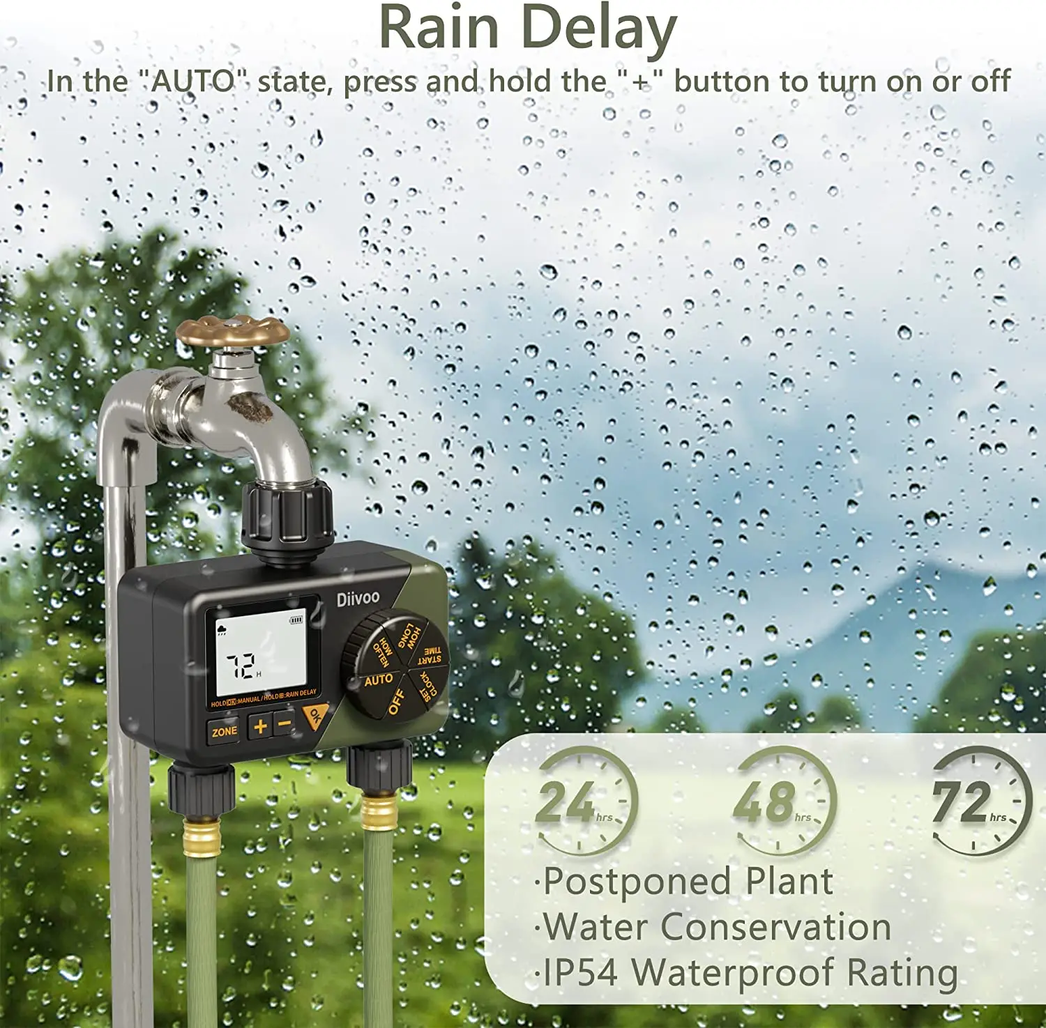 Imagem -04 - Diivoo Sprinkler Water Timer Zonas Temporizador de Irrigação Automática com Atraso de Chuva Modo Manual Automático Temporizador de Mangueira de Água Programável