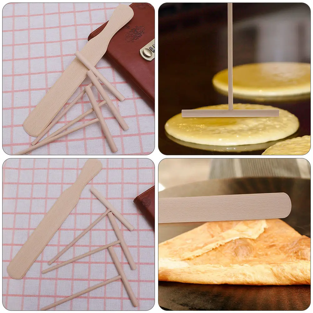 6Pcs Premium Wood Spreader and Spatula Set Smooth Burr Free T Shaped Crepe Spatula Pancake Cooking Tool Wooden Spreading Kit