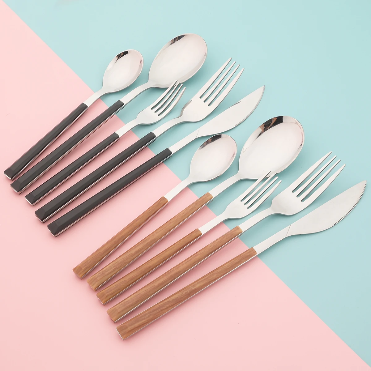 24/30Pcs Imitation Wooden Handle Dinnerware Cutlery Set Stainless Steel Tableware Knife Fork Spoons Silverware Western Flatware