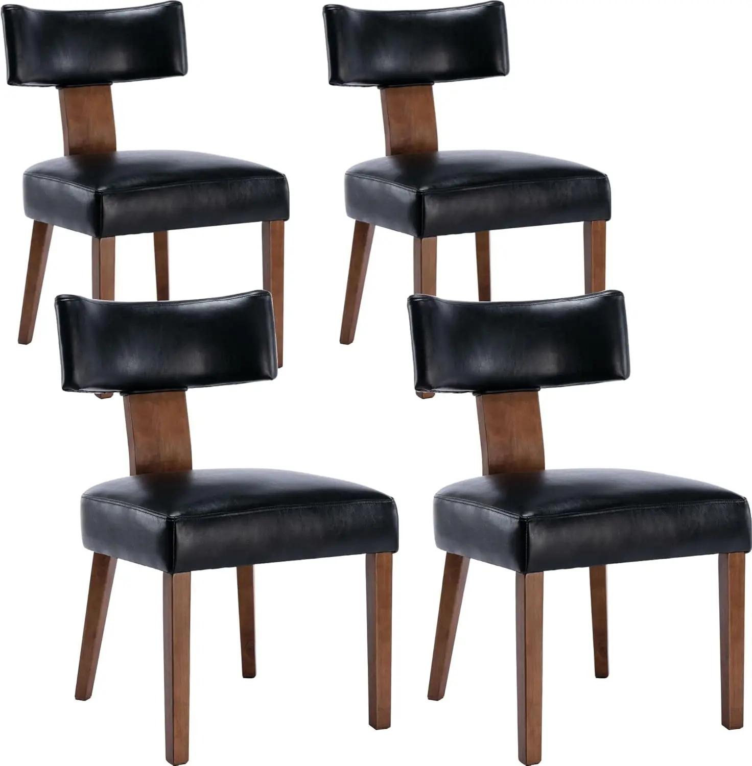 Modern Dining Chairs Set of 4 Comfy Upholstered Side Chairs with Wood Legs PU Leather Dining Chairs with Curved Wingback Black