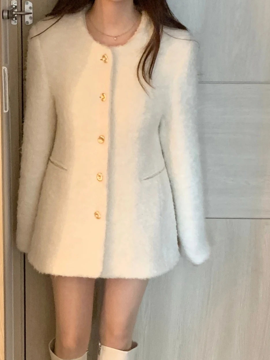 엘레 울 코트 여성용 한국 드라마 주인공 스타일 라운드 넥 싱글 버튼 허리 조임 슬림핏 코트