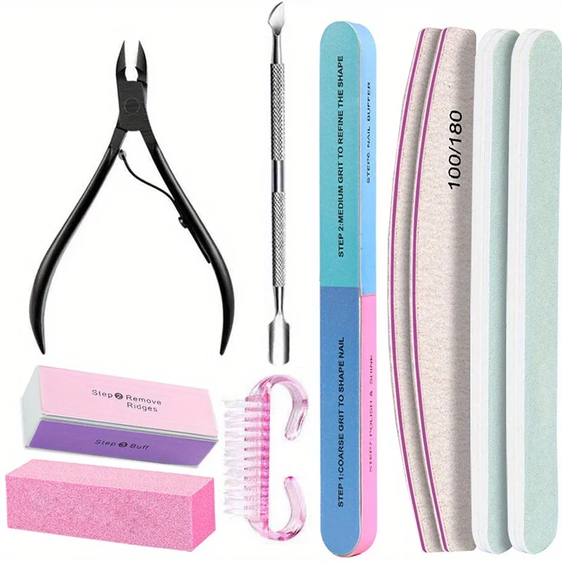 10 Stück/Set Nagelpflege-Set mit 100/180 Körnung Professionelle Feilen, Buffer-Schwammblock, Bürste, Nagelschere und Nagelhautzange – Detail 5