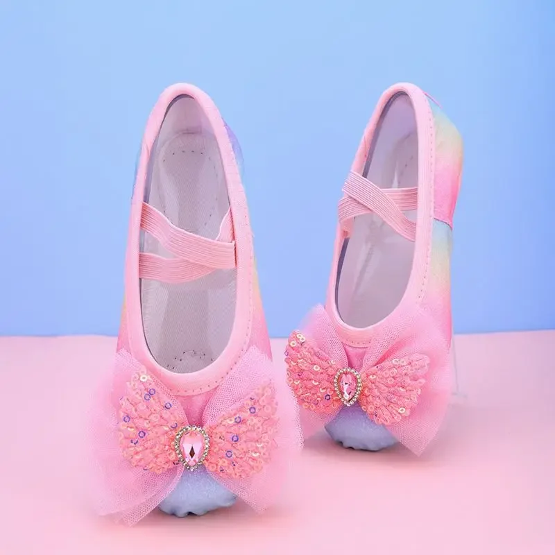 Children Ballet Shoes Girls Professional Dance Satin Bow Lace Ballet Shoes Kids Soft Sole Professional Training Princess Shoes