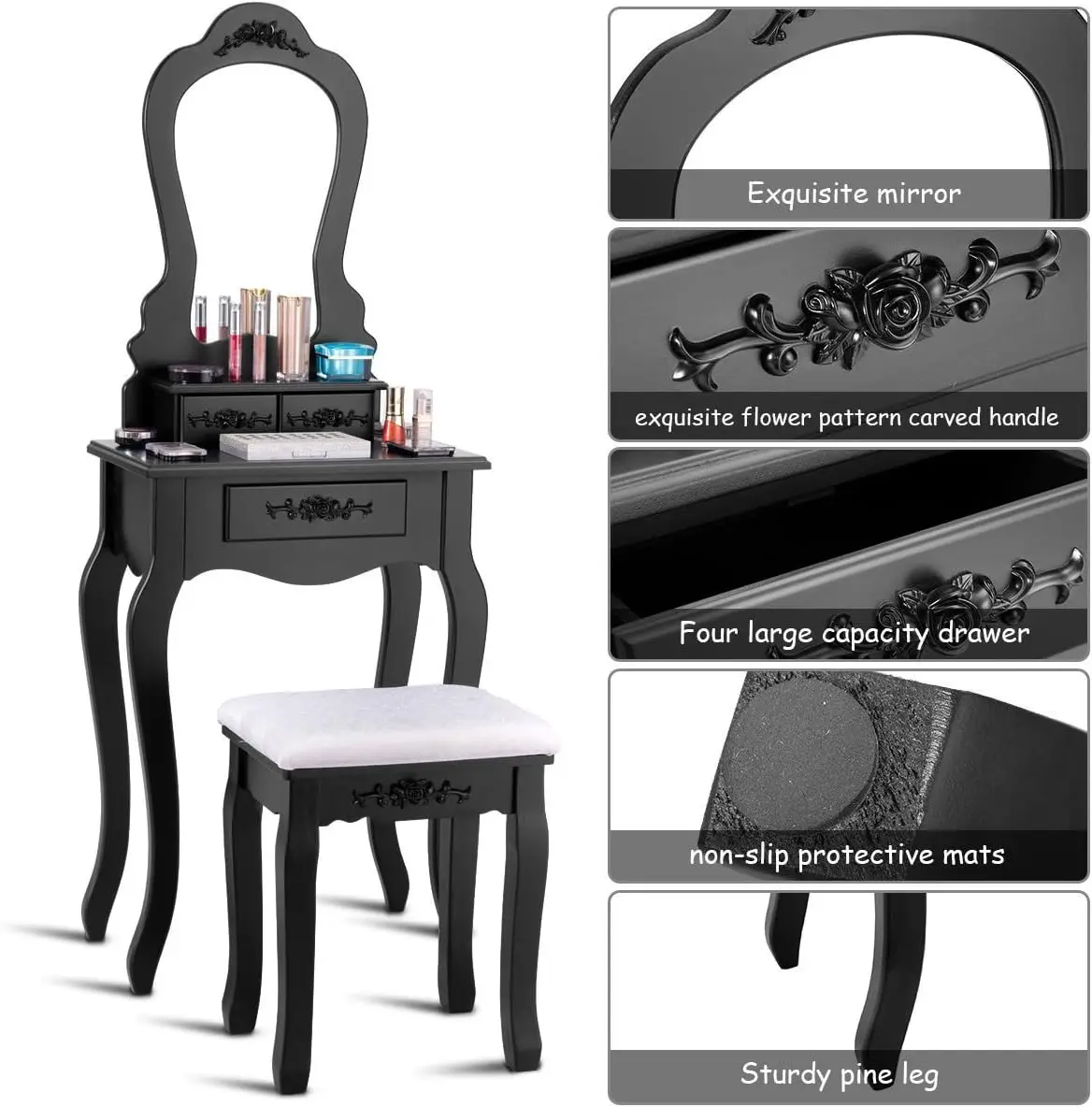 Bathroom Vanity Wood Makeup Dressing Table Stool Set with Mirror (Black)