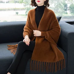 Heavy Women Thicken Poncho Capes Faux Mink Velvet Cardigan Warm Big Pendulum Loose Long Batwing Sleeves Coat Tassel Cloak