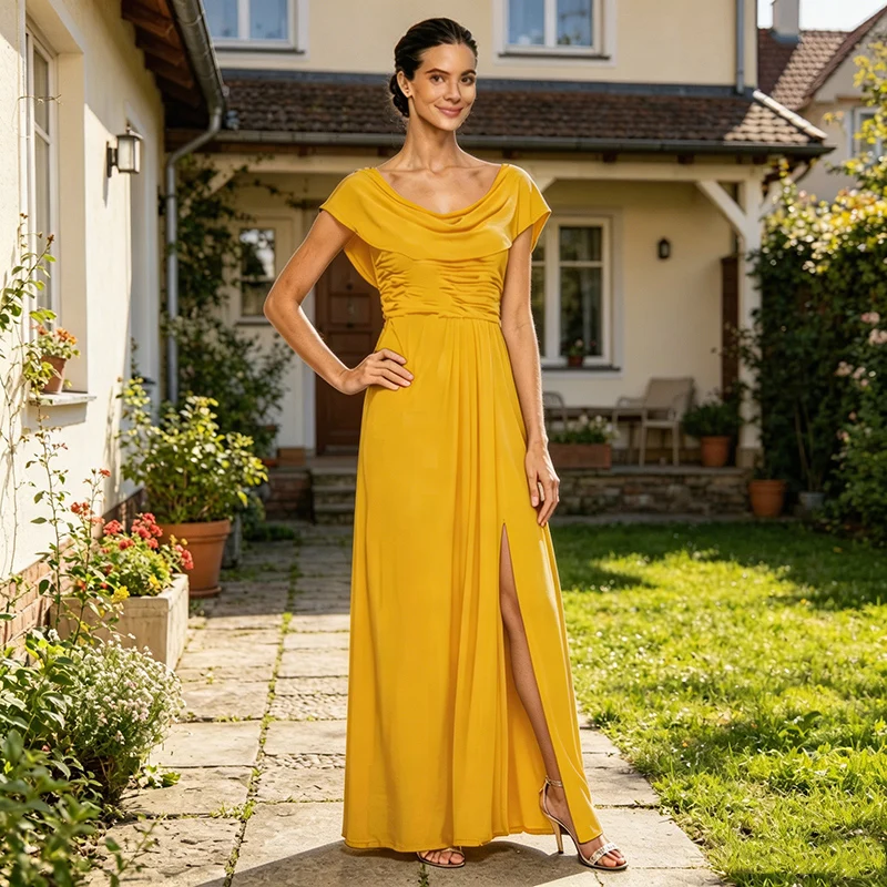 Elegant Yellow Cowl Back Bridesmaid Dress Cap Sleeve Ruched Waist Long Evening Dress with Side Slit Floor Length Formal Wedding