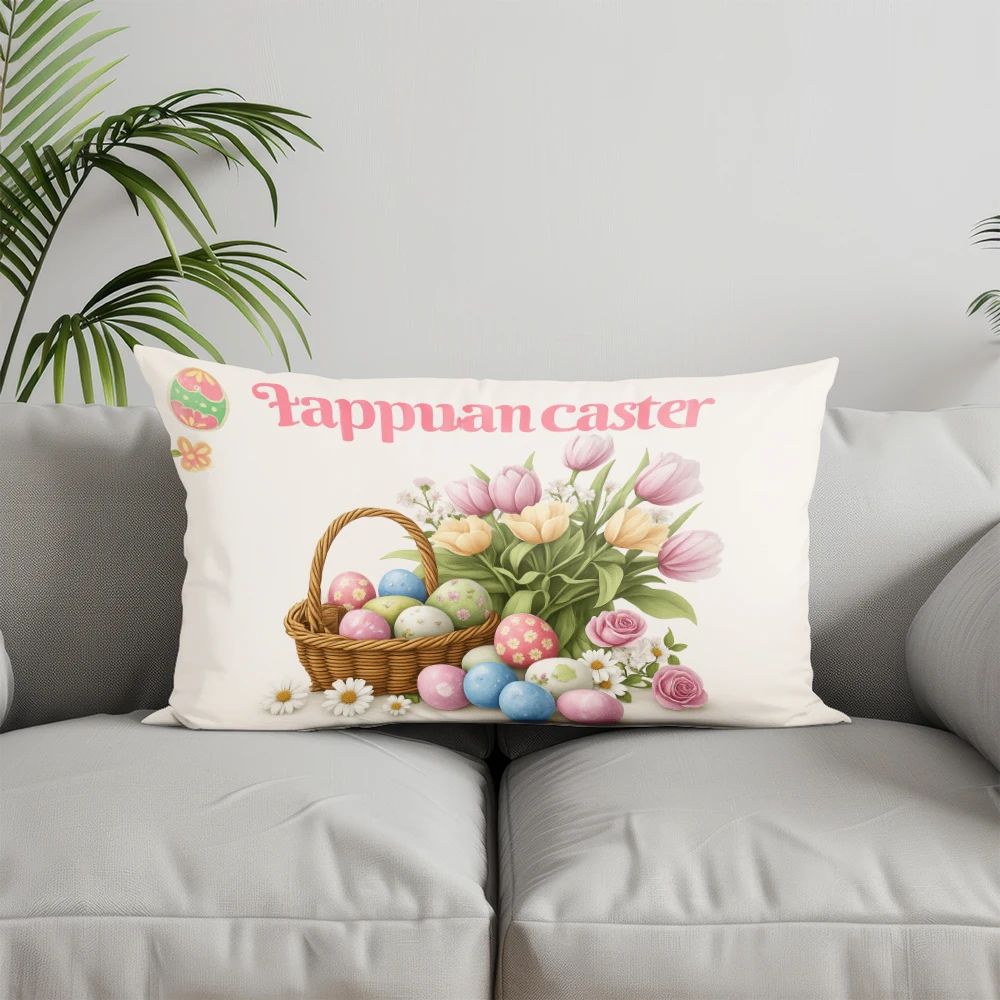 Home Decor Easter Eggs & Tulips Cushion Suitable For Sofa Bedroom Car Pillow Cover Cushion Rectangular Back Cushion