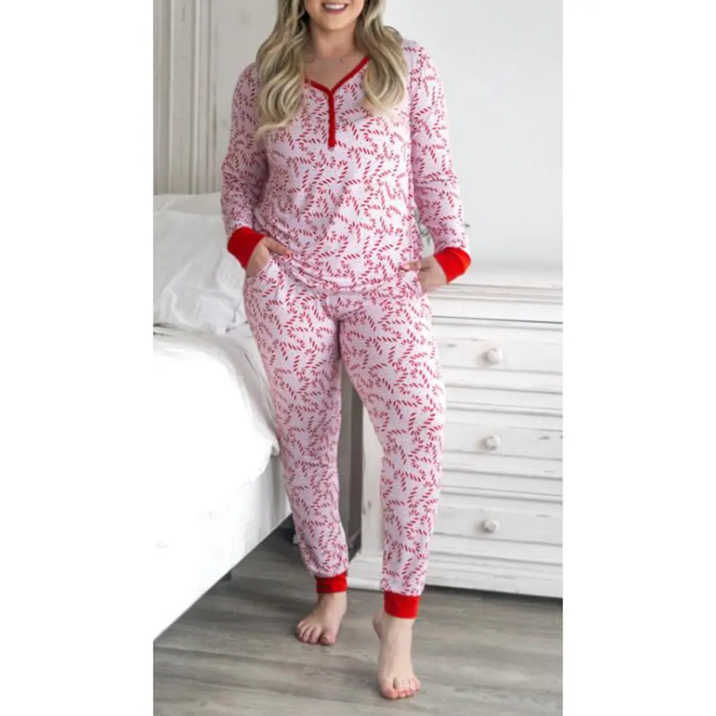 

HEZIOWYUN Women's Christmas 2Piece Pajamas Set All-over Print Long Sleeve V-neck T-shirt + Elastic Waist Pants Sleep Loungewear