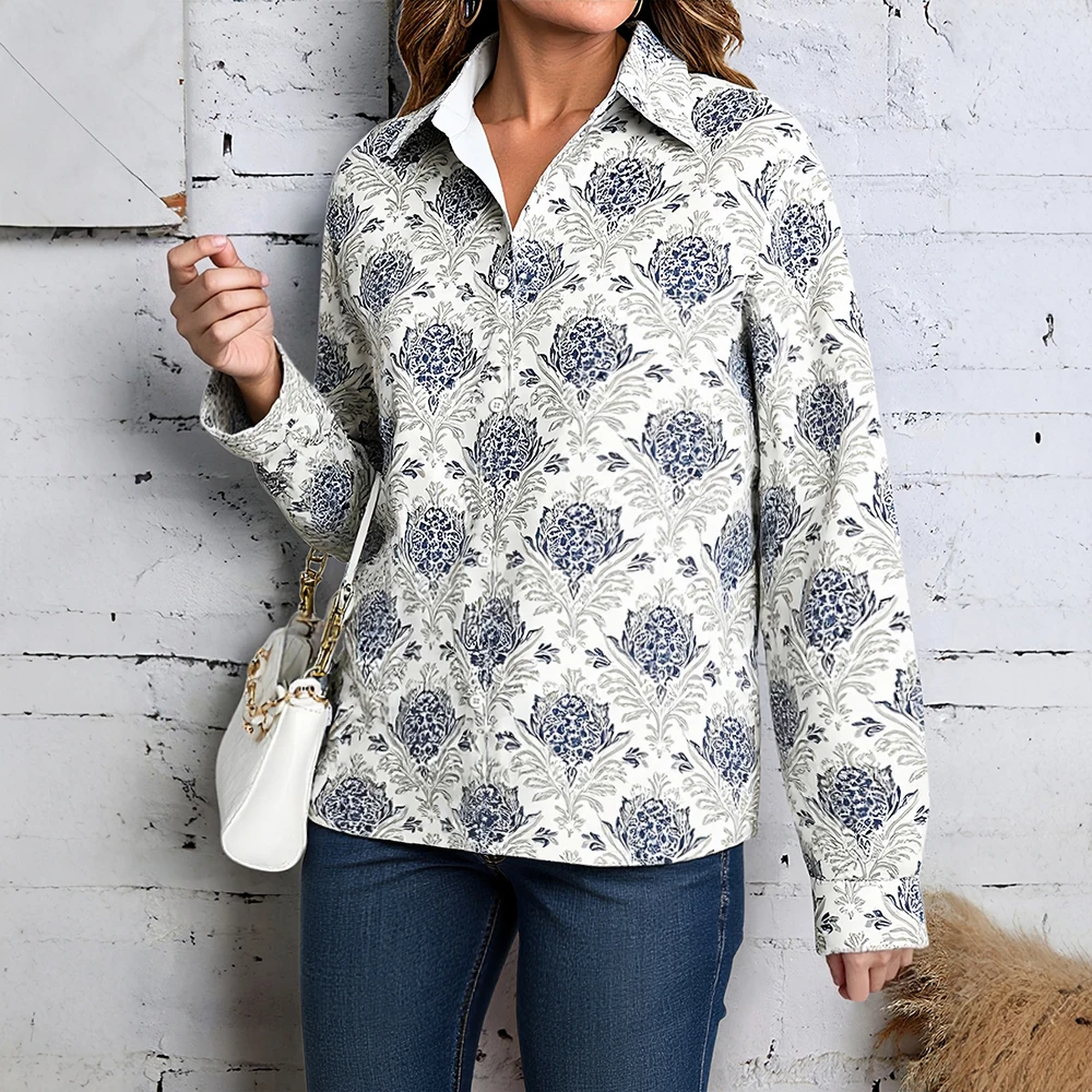 

Mia Muse 2025 Women's Shirts Autumn Comfy Full Print Button Open Front Long Sleeve Shirt Collar Vintage Shirts