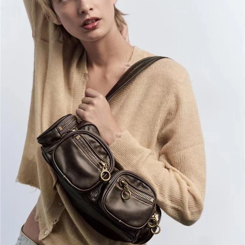 Za Retro Brown Pocket Motorcycle Bag for Women American Spicy Girl Hand Bags Versatile Casual High Sense Luxury Designer Handbag