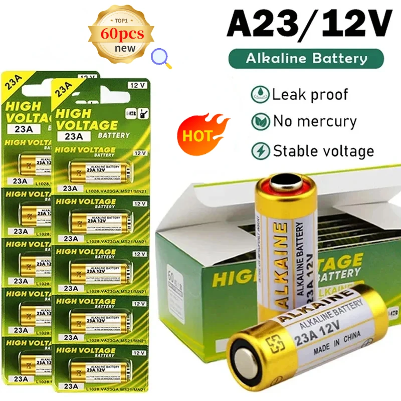 60PCS A23 12V Alkaline Battery 23A 23GA A23S E23A EL12 MN21 MS21 V23GA L1028 GP23A LRV08 Dry Cell for Remote Control Doorbell