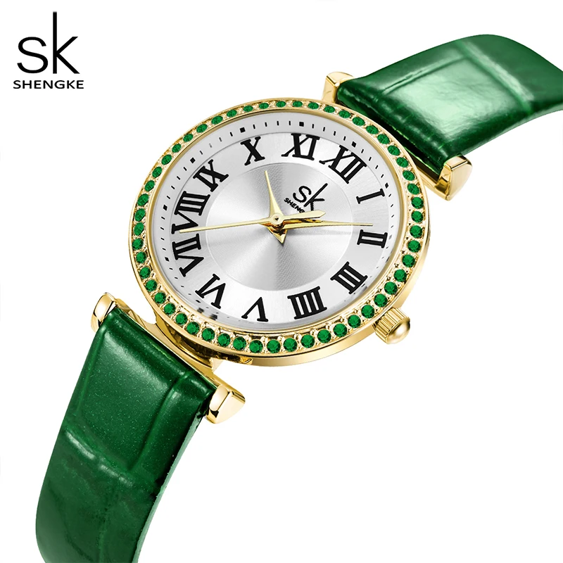 Shengke-Relógios de quartzo feminino com pulseira de couro, mostrador strass, luxo, moda, novo design