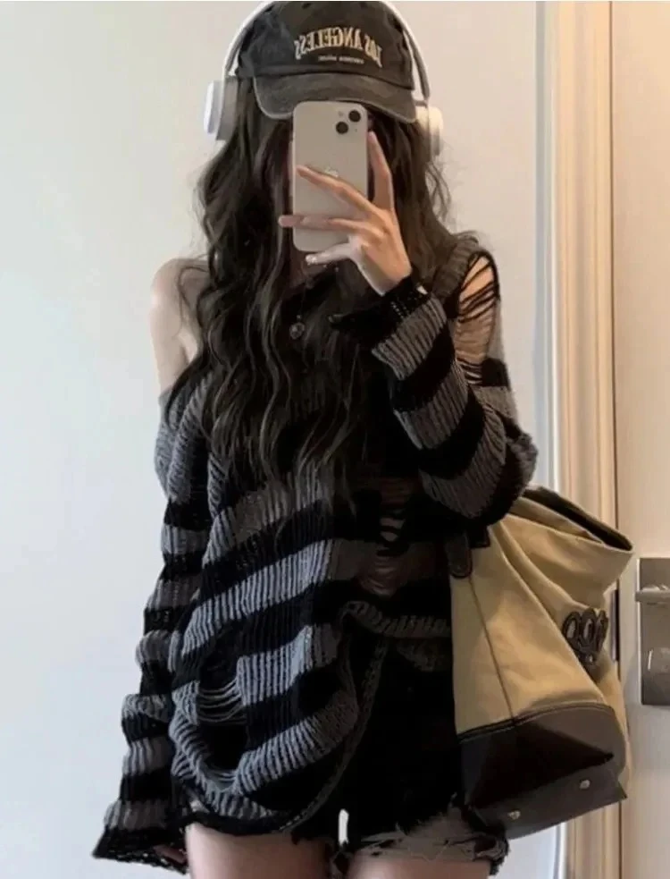 Gothic Sexy Aushöhlen Pullover Frauen Gestreiften Lose Langarm Punk Gestrickte Jumper Streetwear Harajuku Hip Hop Tops