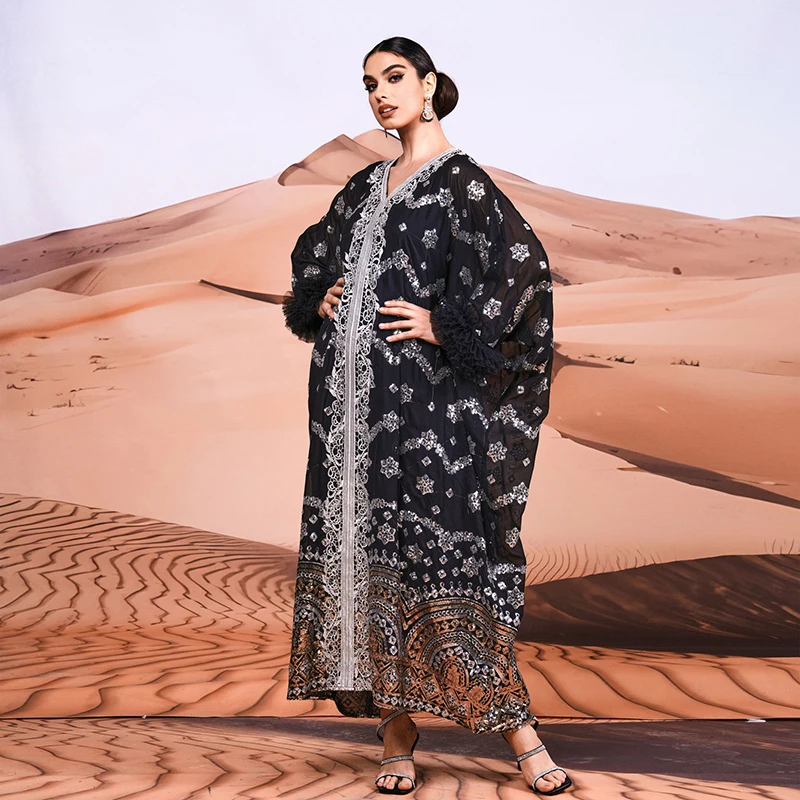 Kobiety Batwing Sleeve V Neck Dubai Muslim Fashion Luxury Abaya Loose Party Sequined Kaftan Modest Islam Long Maxi Dresses