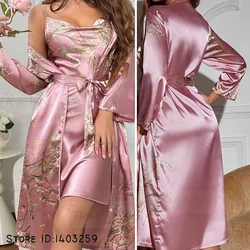 Print Floral Long Kimono Bathrobe Gown Spring Summer Female Sleepwear Nighty&Robe Set Sexy Suspender Nightgown Satin Homewear