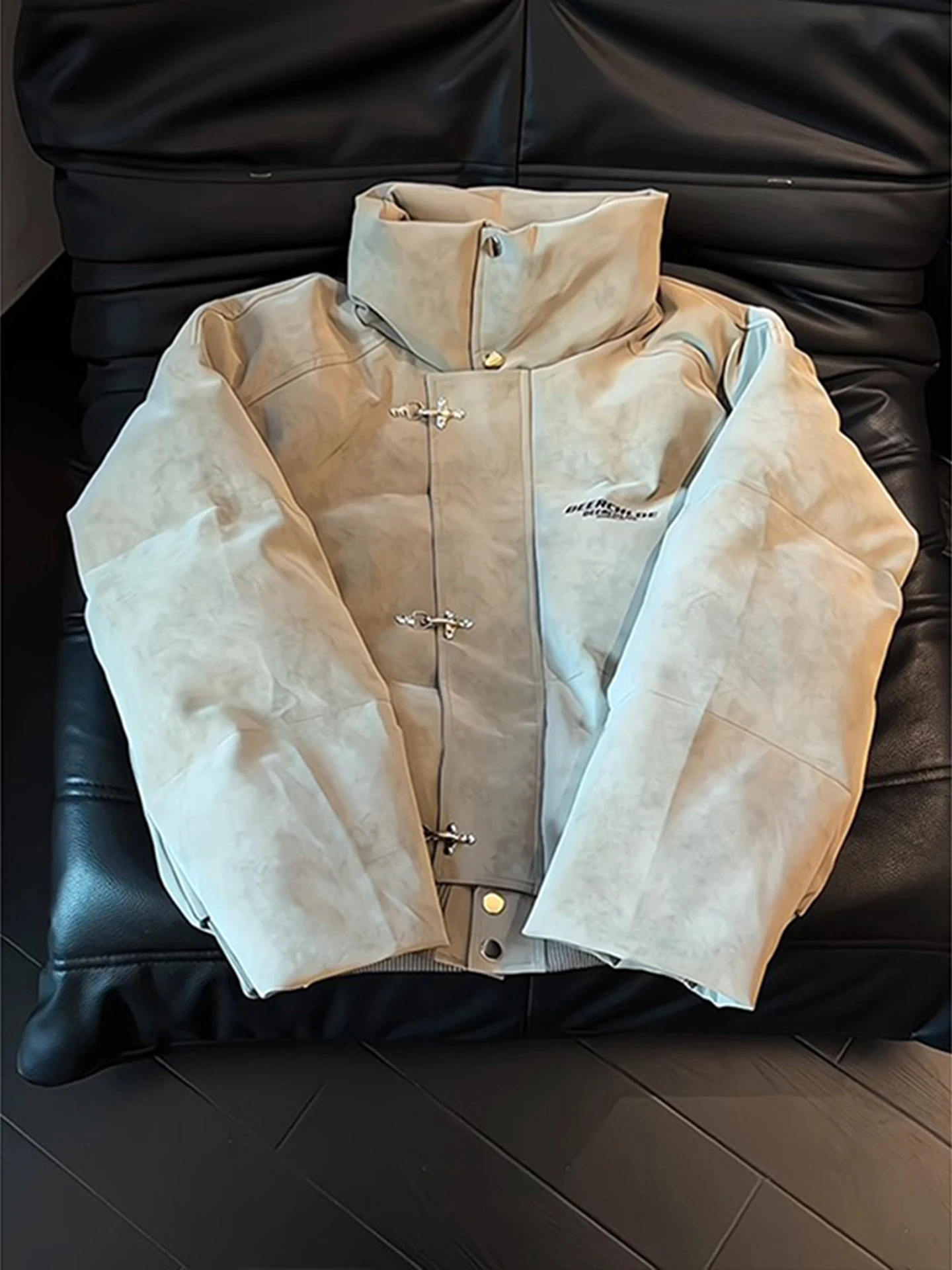 

Cleanfit Men's Cotton Jaet Stand Collar Tie Dye PU Leather ort Bread Sle Winter Coat Warmth Long Sve Button Closure