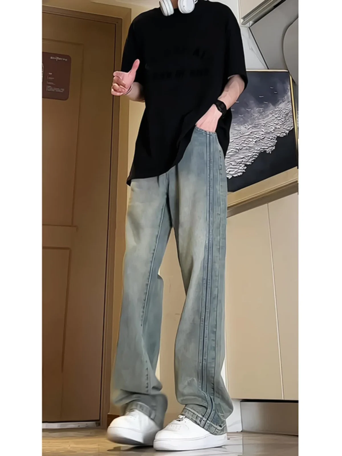 

Мужские джинсы-скинни синего цвета в стиле ретро, летние тонкие брюки с широкими штанинами в полоску, свободные прямые длинные брюки, повседневные джинсы из денима