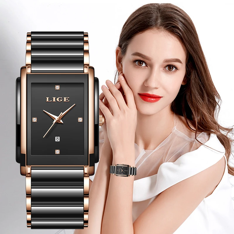 

Новая мода LIGE элегантные кварцевые часы для простых женщин роскошные квадратные повседневные керамические часы с календарем женские часы подарок Reloj Mujer + коробка