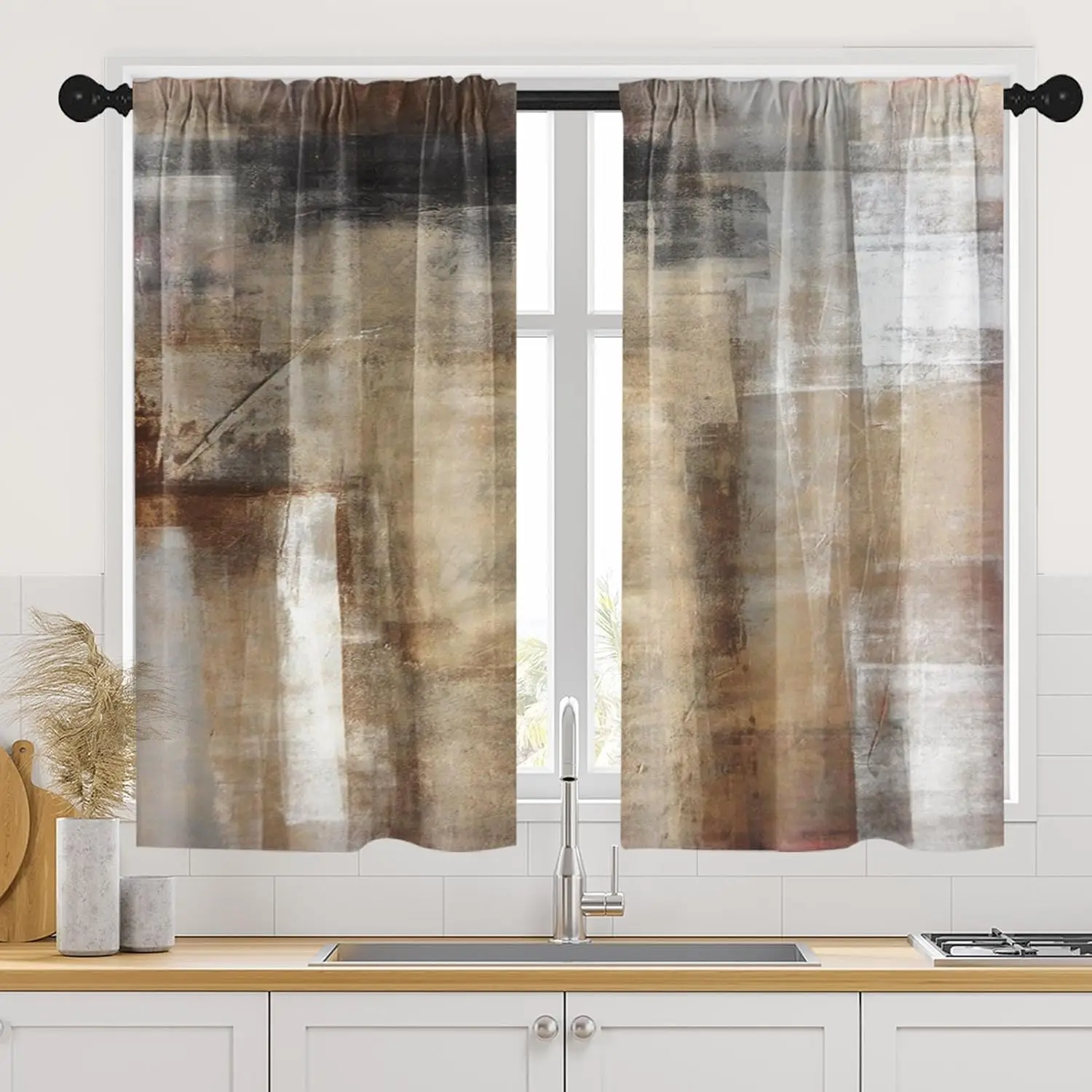 Brown Beige Kitchen Curtains Length Modern Abstract Painting Art Window Short Tier Curtains Over Sink Set of 2 Grey Contemporary