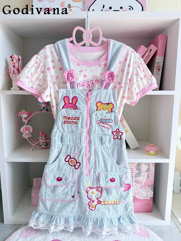 

Original Japanese Soft Girls Kawaii Strap Skirts T-Shirt 2-Piece Set Summer New Cute Embroidered Skirts Set Daughter's Clothes