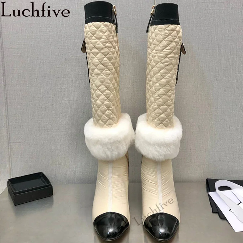 Winter Luxury Knee High Boots for Women Inlay Fur Slim Chunky High Heel Long Boots Winter Sexy Brand Fashion Week Boots Female