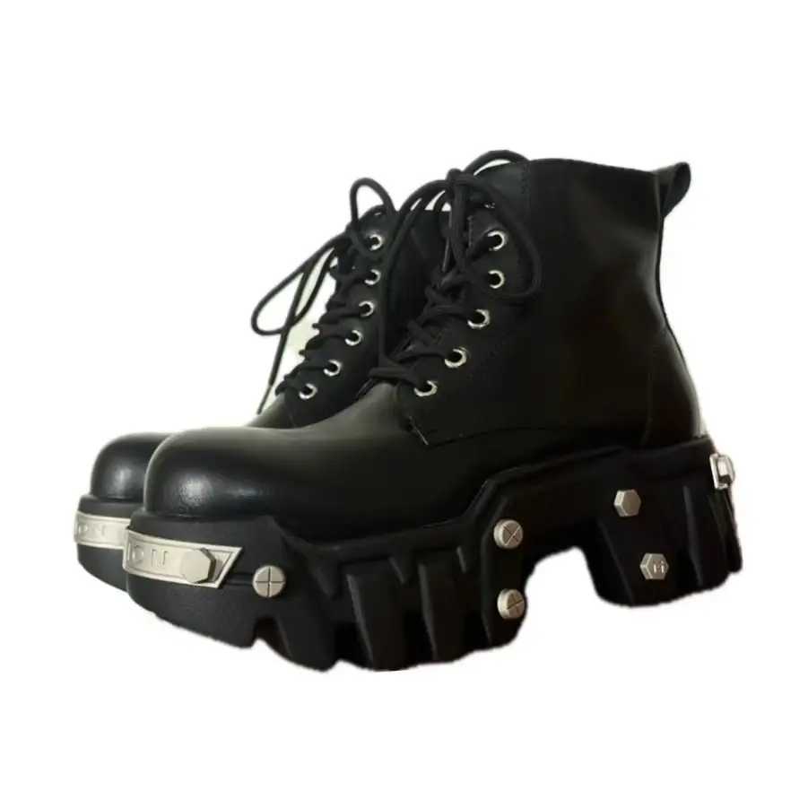 2025 Catwalk Bulldozer Series Thick-soled Heightening Fashion Short Metal Rivets Thick Heel Couple Locomotive Boots Men