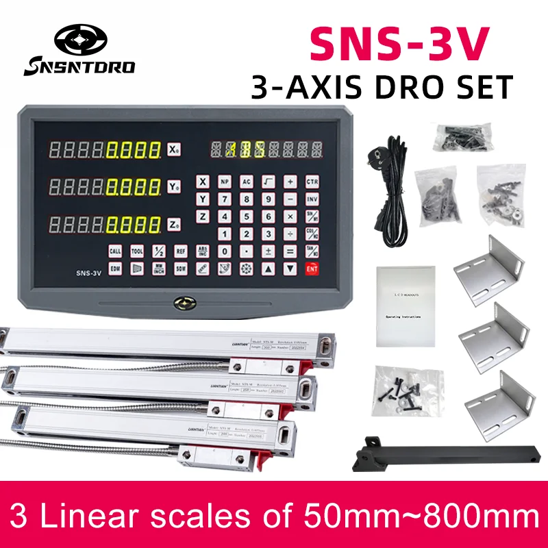 SNS-3V DRO Digital Readout Kit AC110V/220V Display  and 3 Pieces 50-800mm Linear Scale Encoder for Milling Lathe Machine