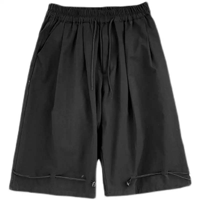 Summer Hong Kong Breeze Men\'s Clothing Trend Solid Color Loose Straight Wide Leg Bloomers High Street All-match Cropped Shorts