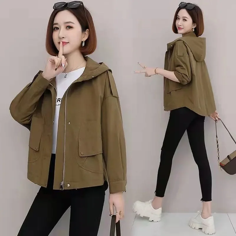 

Korean Women Large Size 4XL Windbreaker Jacket Ladies Short Hooded Outwear Spring Autumn Female Long Sleeved Trench Coat