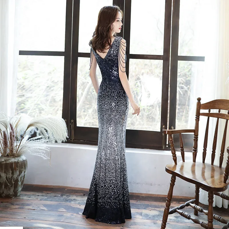 Sequined Evening For Women 2024 New Sexy Aura Queen Fishtail Slim-Fit Long Host Dress Slimming