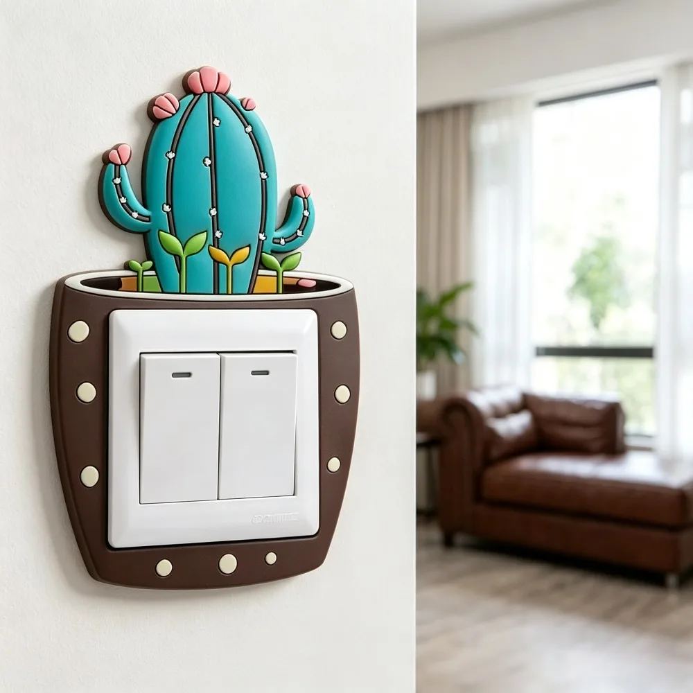 Cute 3D Cactus Fluorescent Silicone Light Switch Sticker Glow in Dark Dustproof Wall Decor for Kids Bedroom Home Decoration