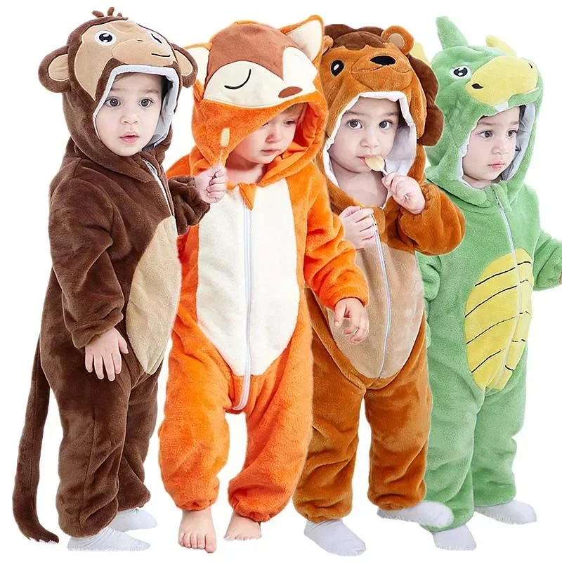 Tiger Fox Turtle Animal Cartoon Unicorn Kigurumi Pajamas Infant Newborn Baby Boys Clothes Babi Rompers Hooded Jumpsuits Overalls